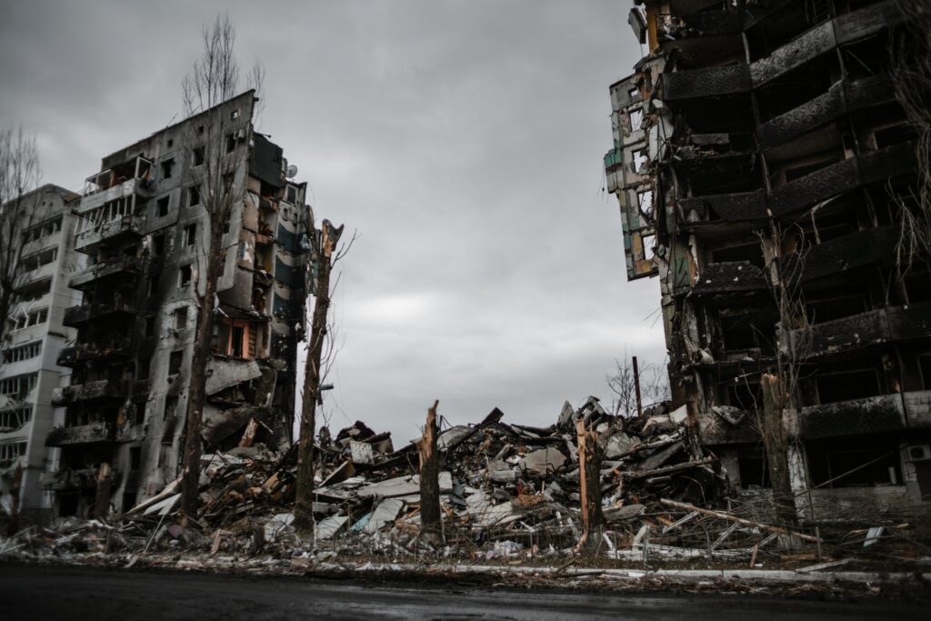 Demolished buildings in Borodyanka, Ukraine, showcasing urban devastation.