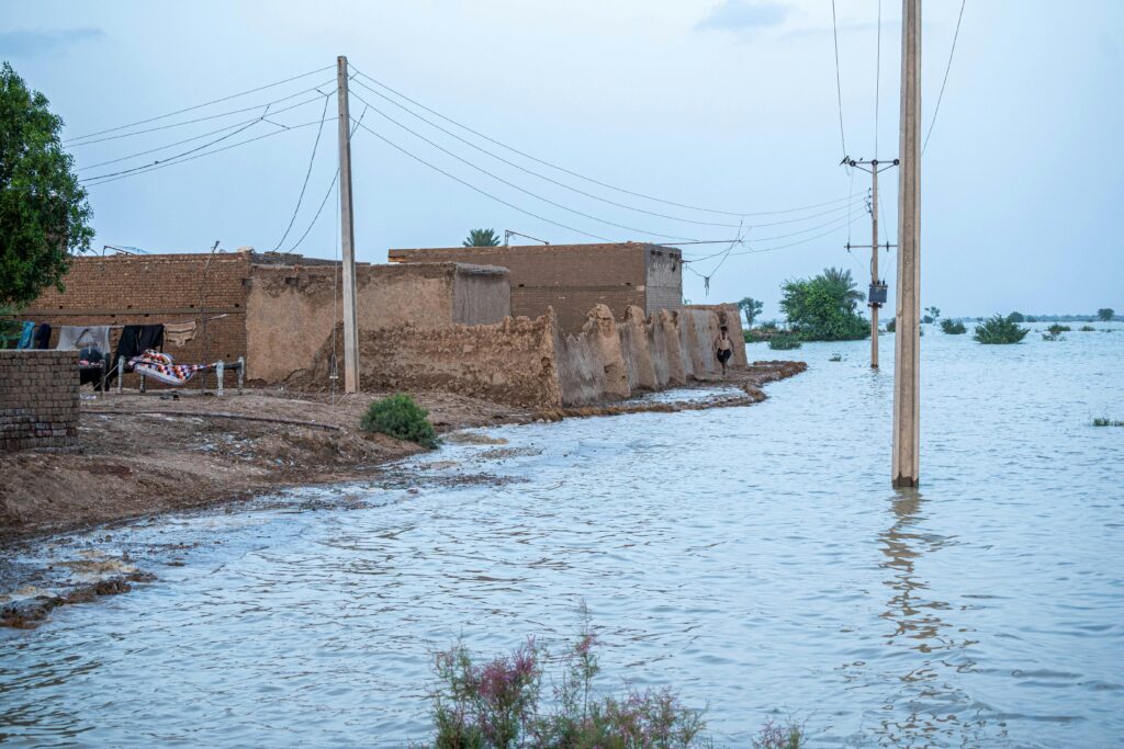Flooding submerges rural houses in Gandakha, Balochistan, Pakistan.
