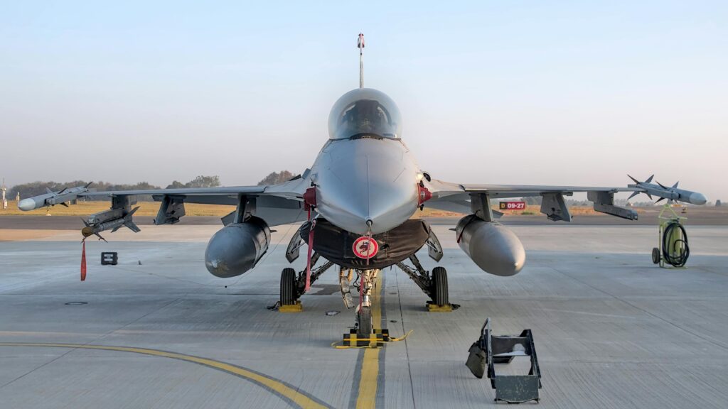 Front view of a military jet aircraft stationed on a runway in Bengaluru during Aero India 2025.